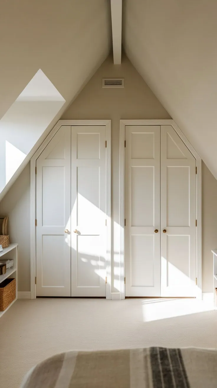 Sunlight streams through the dormer window of your attic bedroom, painting the neutral walls in a warm glow, while cleverly designed closets tucked into the eaves promise both stylish serenity and effortless organization.