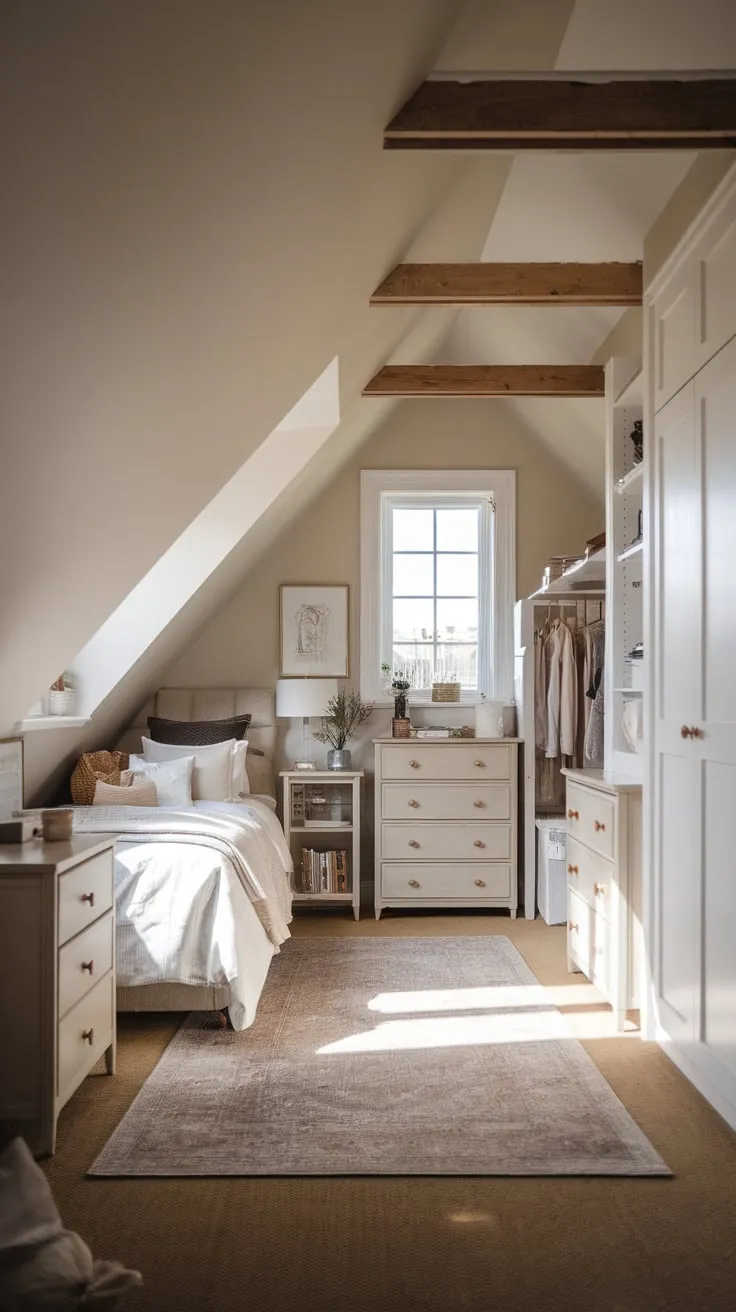 This beautifully designed attic bedroom, with its neutral tones and thoughtfully arranged furniture, perfectly showcases the charm of maximizing space with stylish attic bedroom closets.