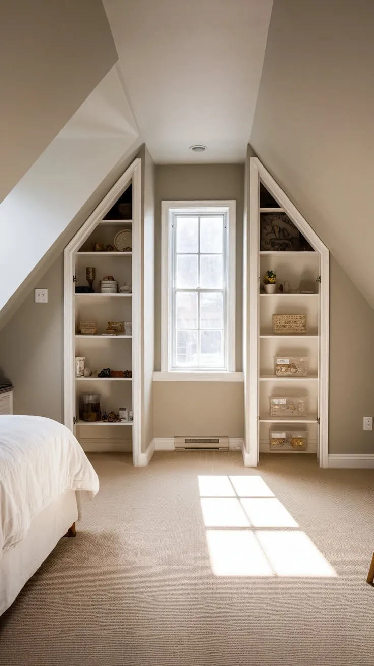 Step into the attic bedroom and feel the stress melt away; the neutral palette soothes your senses while the ingenious built-in closets promise a clutter-free haven, a testament to the perfect marriage of comfort and functionality designed just for you.