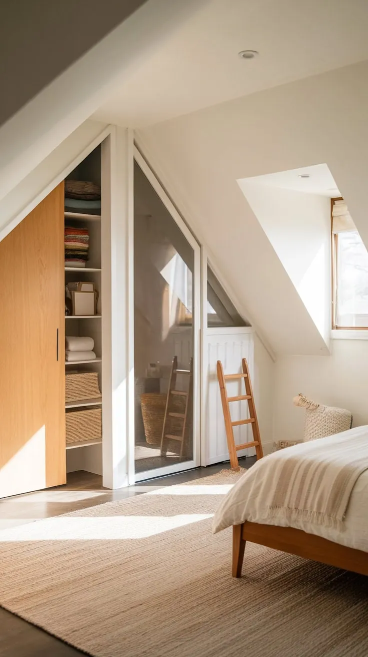 Ascend the stairs and discover your sanctuary: an attic bedroom where thoughtfully designed closets become part of the inviting decor, a space that effortlessly balances comfort and functionality, transforming into your own personal, serene escape.