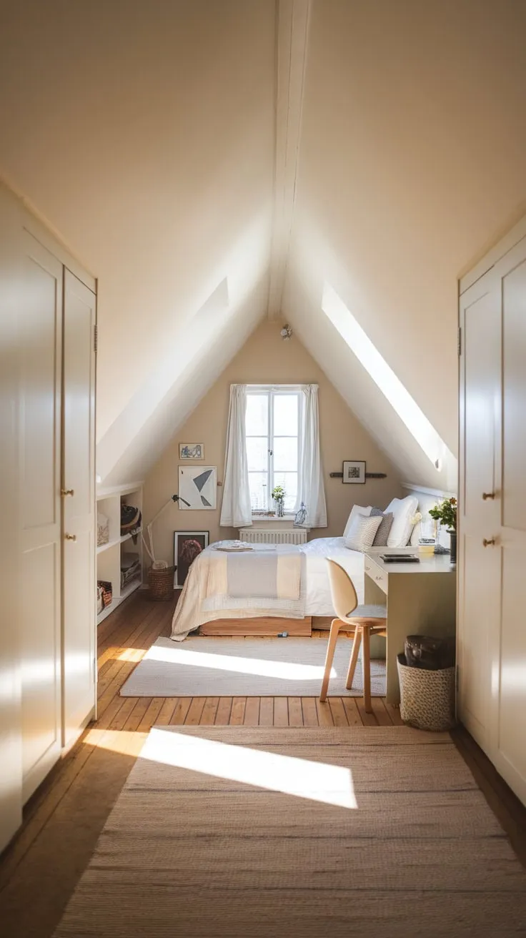 Step into this attic bedroom, a haven where neutral hues whisper tranquility and cleverly designed closets tame the quirky angles, offering you a sanctuary of both comfort and effortless living.