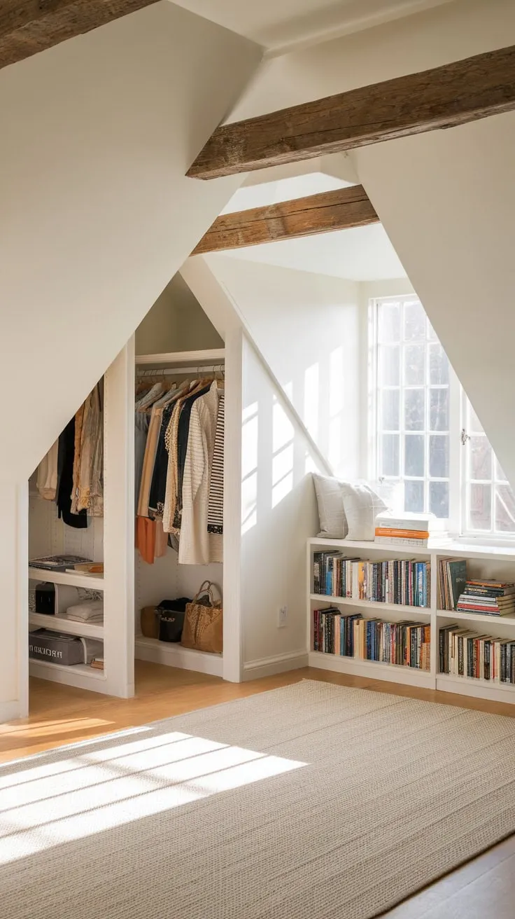 Imagine stepping into an attic bedroom where the clutter of forgotten things gives way to a haven of tranquility. The space, meticulously arranged, whispers of calm with its soothing neutral palette and the rustic charm of exposed wooden beams. Here, you'll discover how cleverly designed closets transform the often-awkward angles of an attic into a functional dream, all while fostering an atmosphere that inspires both peaceful relaxation and boundless creativity.