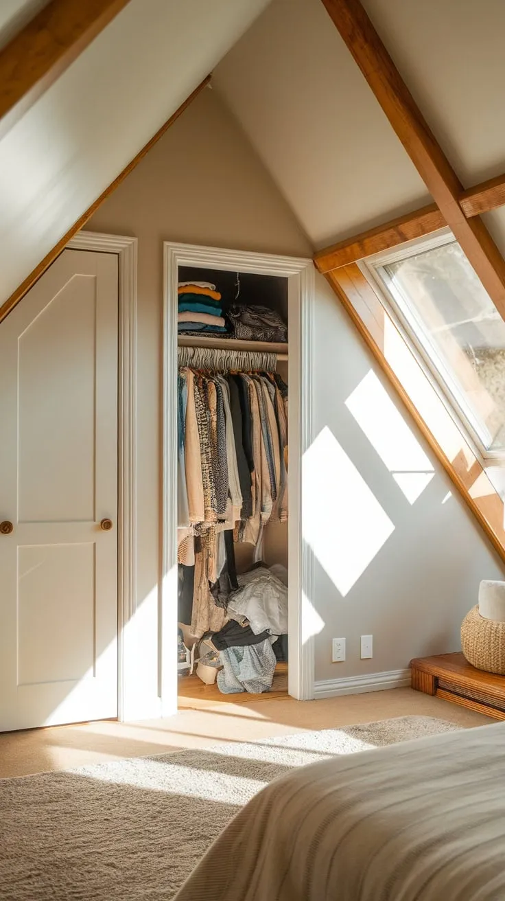 Sunlight, thick and golden, spills across the floorboards of your attic sanctuary. The soft, neutral hues embrace you, a calming balm after a long day, while cleverly designed closets whisper promises of organized serenity. Here, style and practicality dance in perfect harmony.