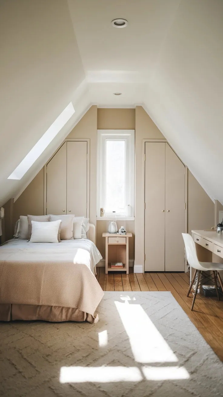 Step into your attic sanctuary, where the gentle embrace of neutral hues and the quiet confidence of well-ordered closets conspire to create a retreat – a space where uncomplicated living is not just a concept, but a tangible reality.
