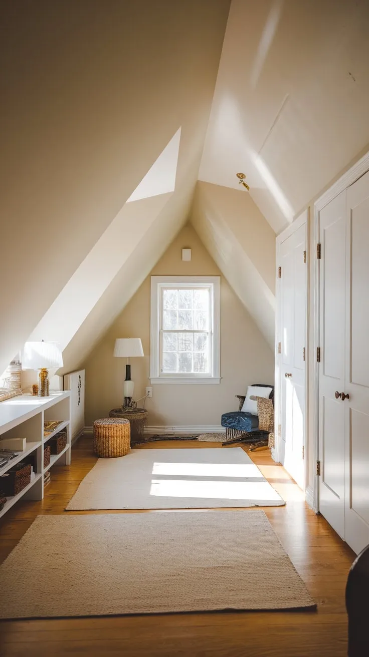 Ascend to your tranquil attic bedroom, a haven painted in soothing neutrals, where every object finds its place, and two discreet closets promise a clutter-free existence.