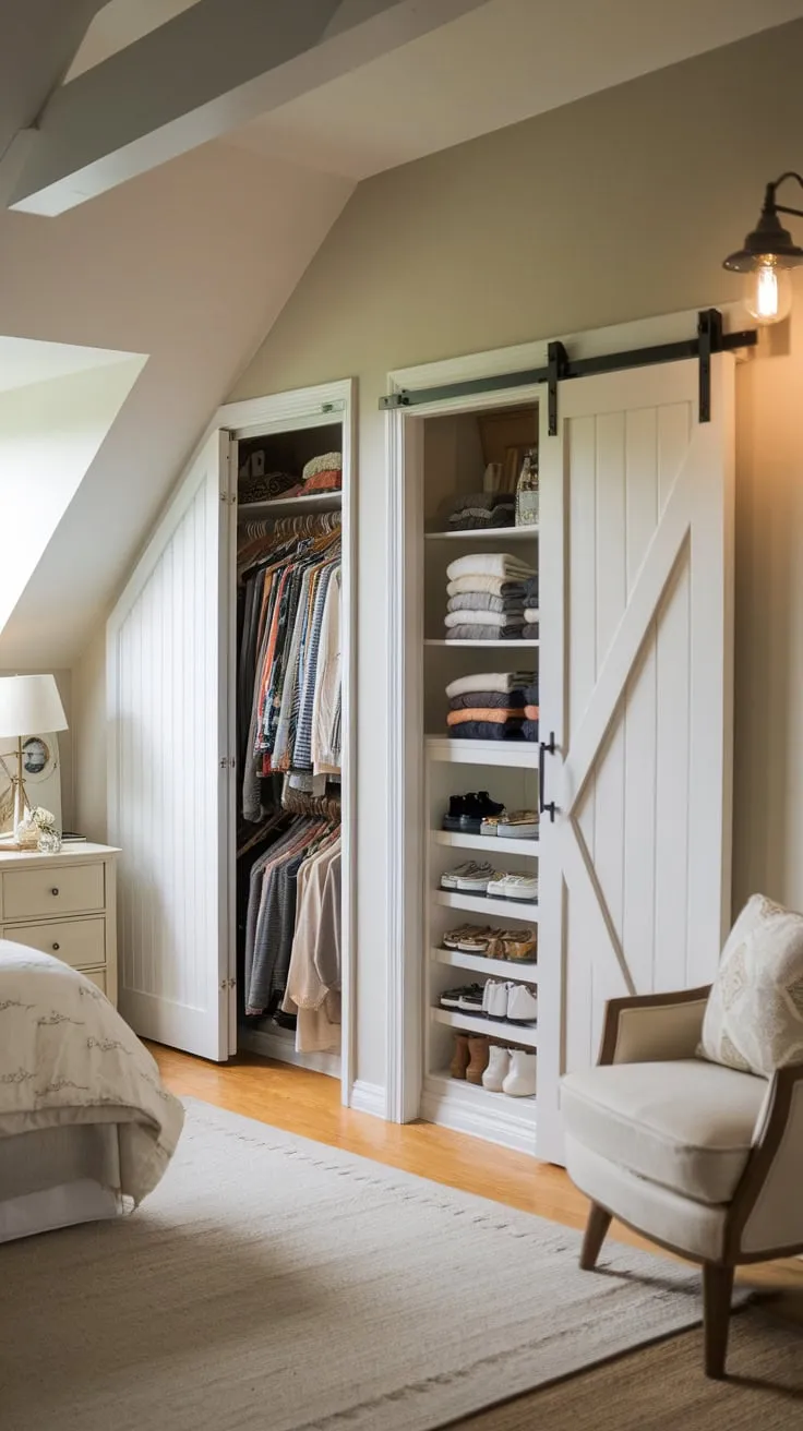 Step into this attic bedroom, a masterclass in maximizing space and style. Thoughtfully designed closets nestle seamlessly into the eaves, offering a surprising amount of storage while the room itself remains a haven of tranquility and light.
