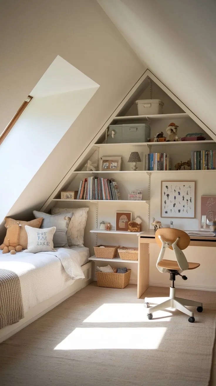 The gentle slant of the attic roof whispers secrets as you step inside, the air thick with the scent of old books and sun-baked wood, inviting you to lose yourself in the thoughtfully arranged treasures and let your imagination dance in the cozy haven you've created.