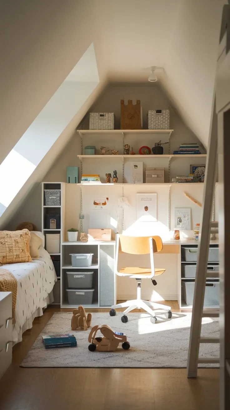 Step into this enchanting attic bedroom, a haven where playful chaos meets serene order. Here, amidst a delightful collection of toys and books, comfort and organization dance together, inviting your imagination to take flight.