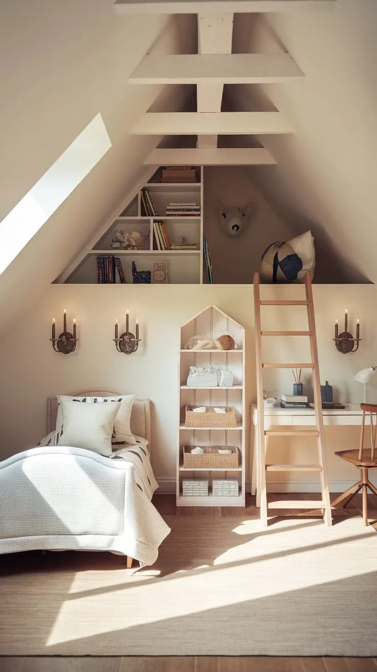 Imagine escaping to your own secret world, a beautiful attic bedroom where the sloping ceiling whispers stories and every corner invites you to create, relax, and dream.
