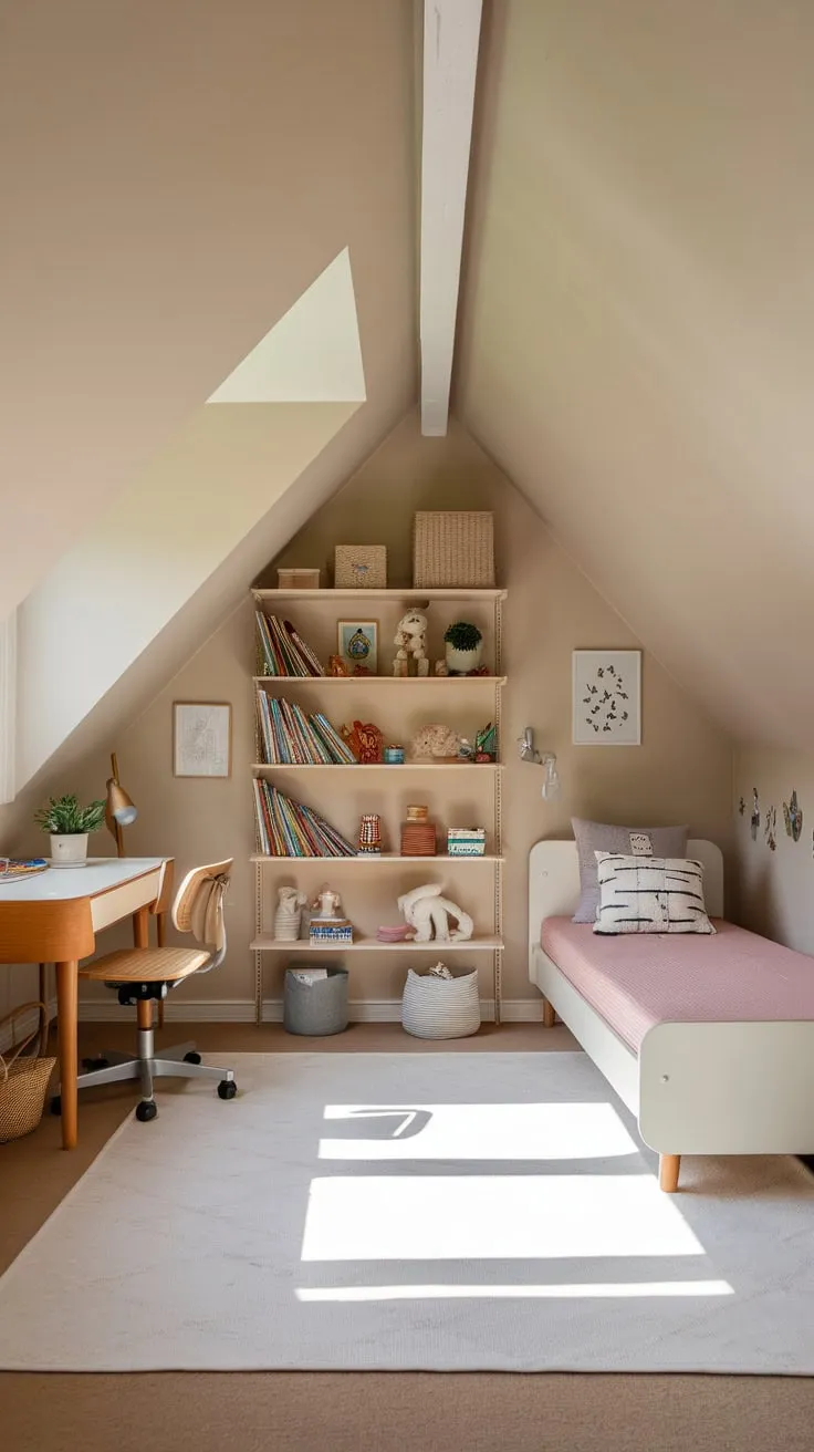 Ascend the stairs to your secret attic hideaway, a space where soft, neutral tones cradle your senses and spark the fires of creativity. This is your realm, a canvas for dreams painted with the vibrant colors of imagination, where every book is a portal and every game a journey into the boundless landscapes of your mind.