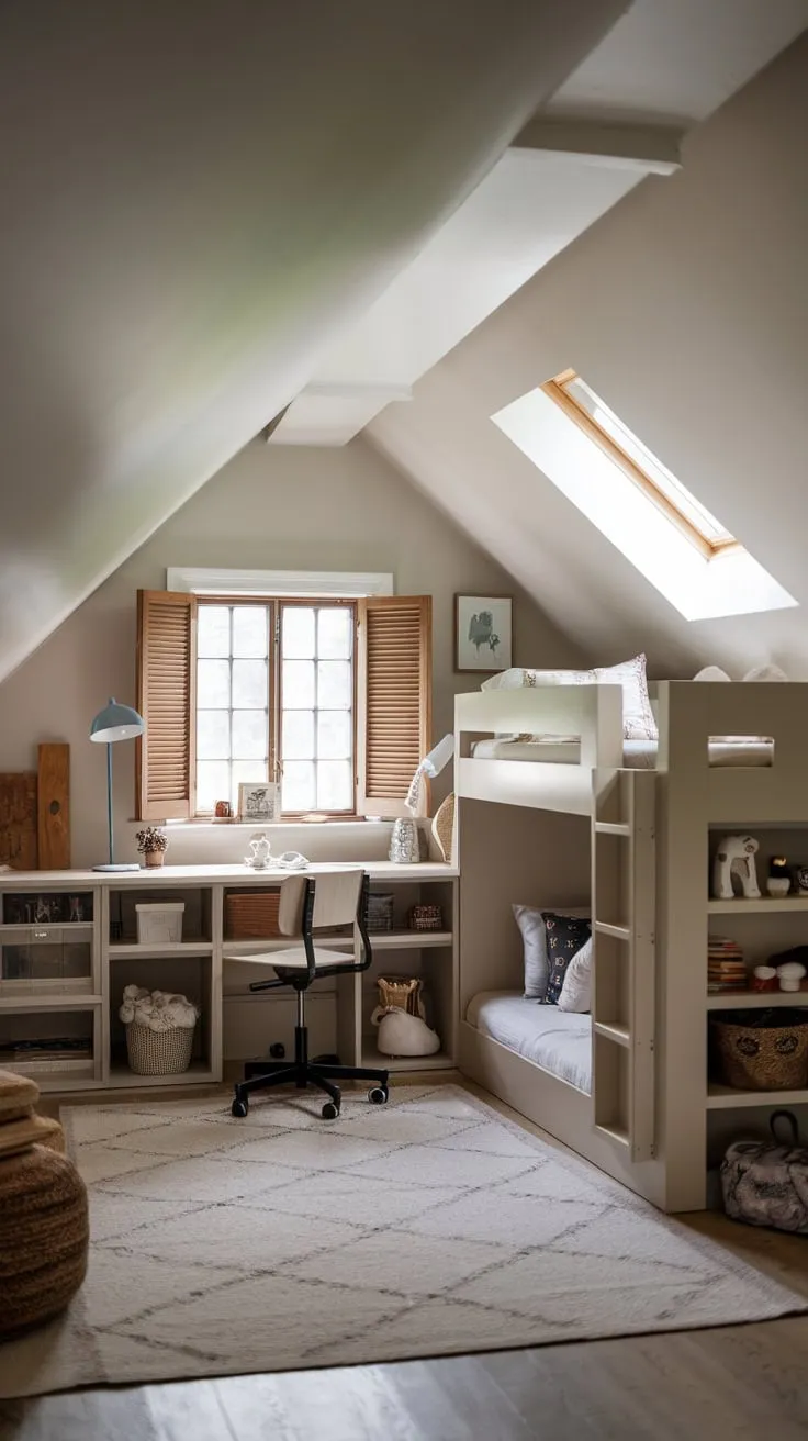 Imagine this: sunlight streams into your child's attic bedroom, a beautifully crafted space that seamlessly marries cozy relaxation with practical design, inviting you to lose yourself in games or concentrate on homework with equal ease.