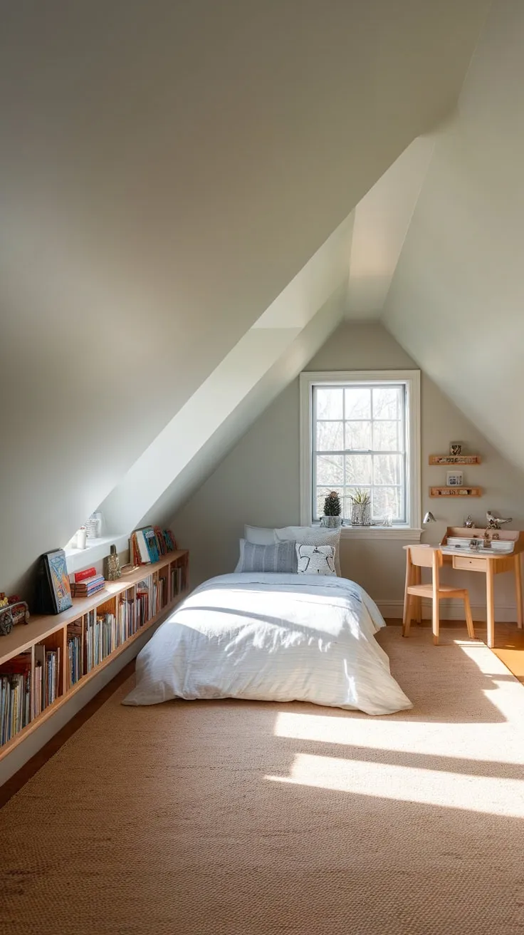 Imagine escaping to this beautiful attic bedroom, where cozy nooks meet imaginative design, creating the perfect hideaway for losing yourself in books and conjuring up fantastical dreams.