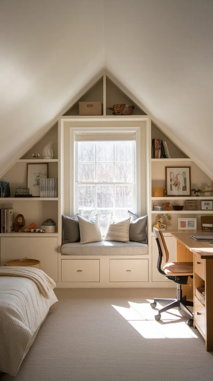 This beautifully designed attic bedroom for kids perfectly blends comfort and organization, creating a delightful retreat for creativity and rest.