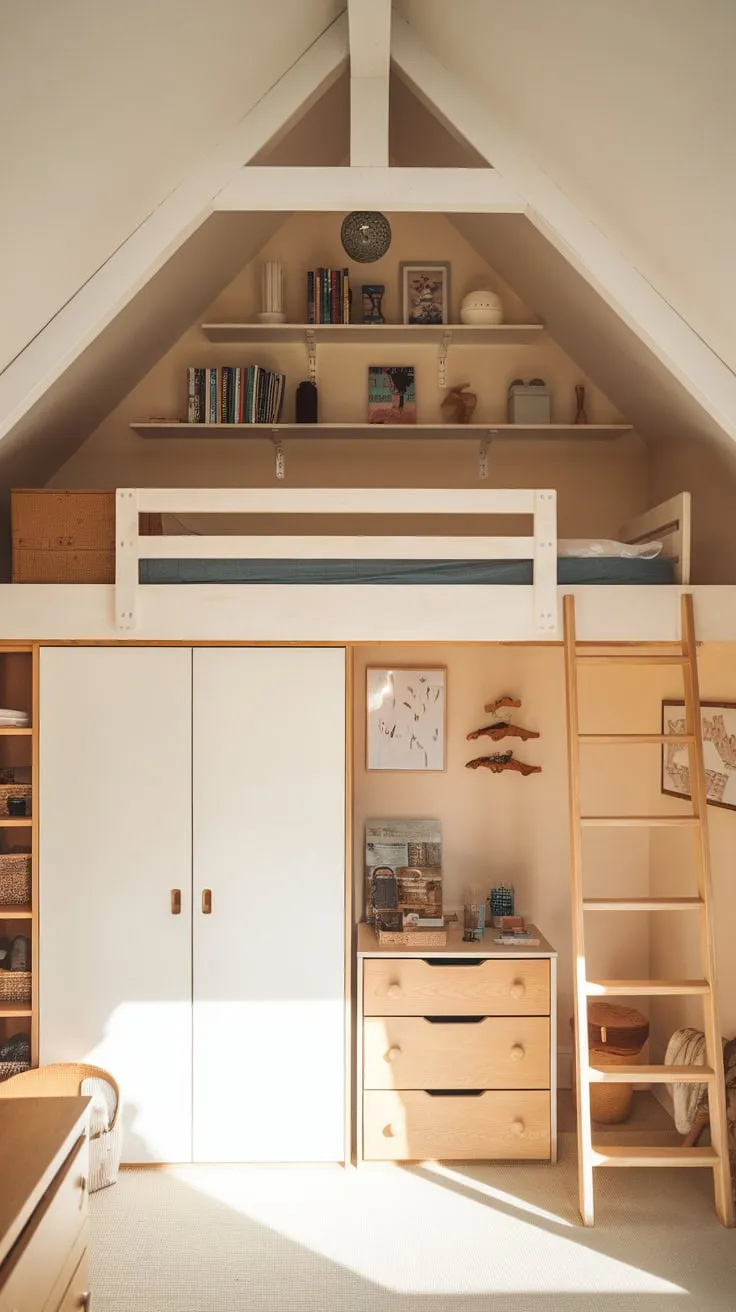 Imagine this: sunlight streams through the attic window, illuminating a bedroom designed just for you. It's a space where playful functionality and comforting warmth intertwine, creating the ultimate retreat for sparking your imagination and drifting off to sweet dreams.