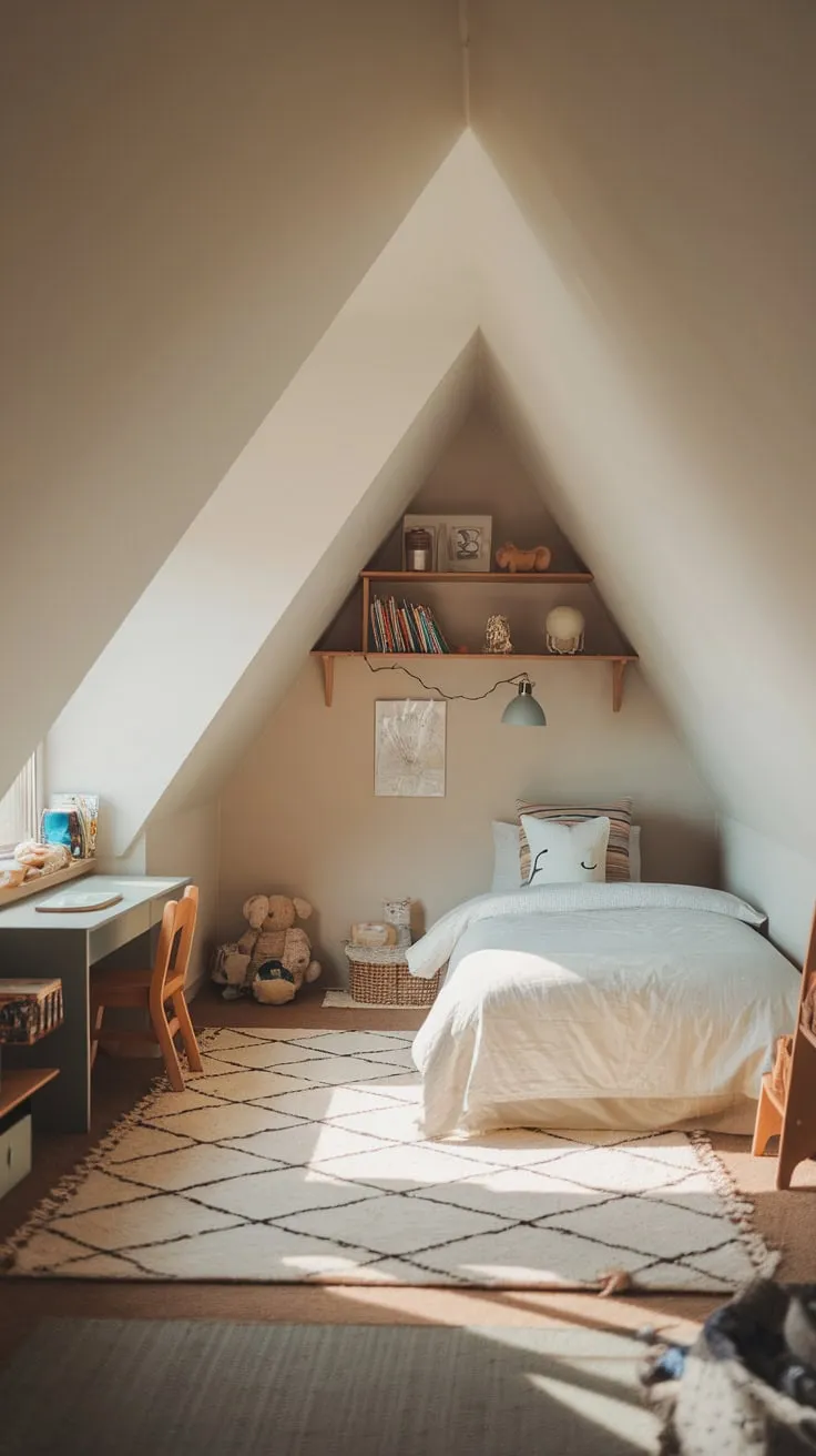 Sunlight streams through the dormer window of your attic bedroom, painting the soft hues of the walls with warmth, while the whimsical slant of the roof whispers secrets of untold stories, beckoning you to lose yourself in daydreams and find solace in its cozy embrace.