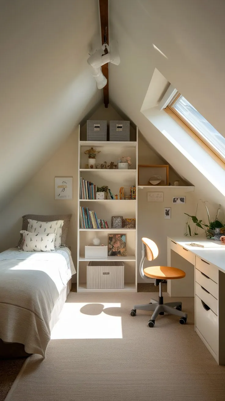 Step into your child's dream attic bedroom, a haven where cozy comfort dances with clever organization, sparking imagination and peaceful slumber in equal measure.