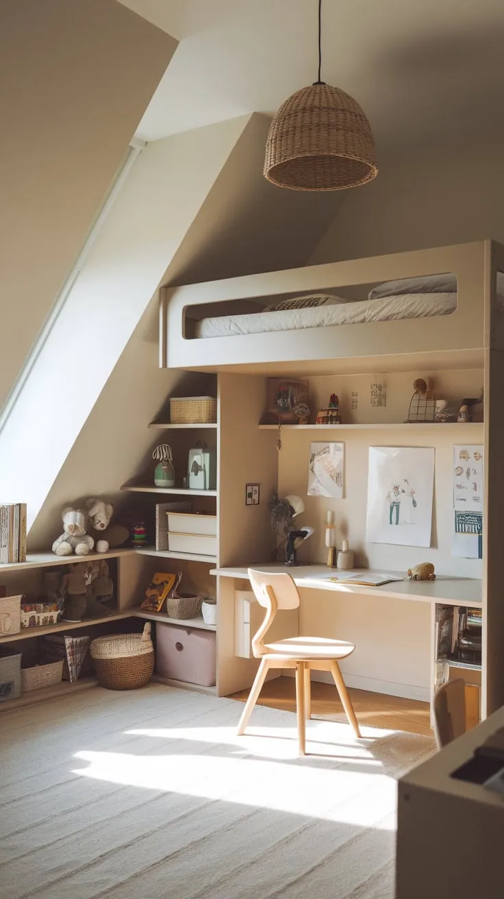 This beautiful attic bedroom for kids perfectly blends comfort and creativity, offering a delightful space for play, study, and restful sleep.