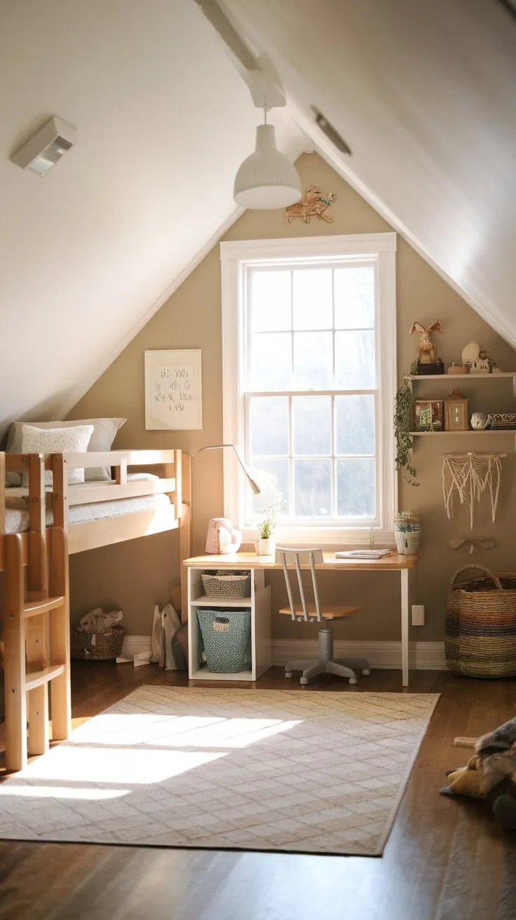 This beautiful attic bedroom for kids perfectly blends comfort and style, creating a delightful space for creativity and rest.