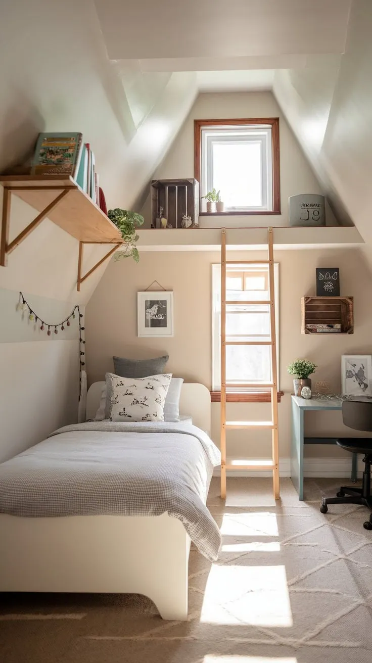 Imagine this: an attic bedroom transformed into a serene sanctuary just for your child, where a gentle wash of neutral tones and artful touches ignite their creativity and cradle them in blissful comfort.