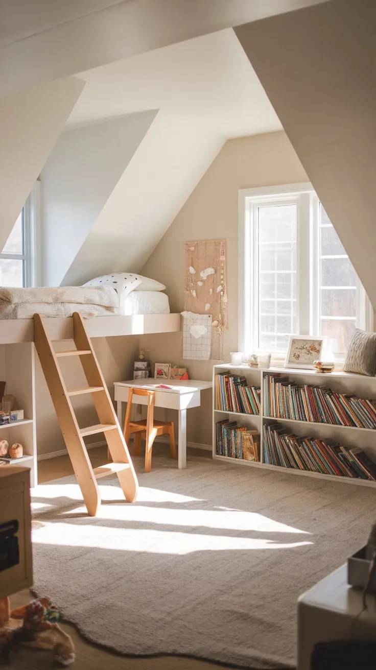Step into this attic bedroom, a haven crafted just for you, where comfort and clever organization dance together, sparking endless creativity and playful adventures.