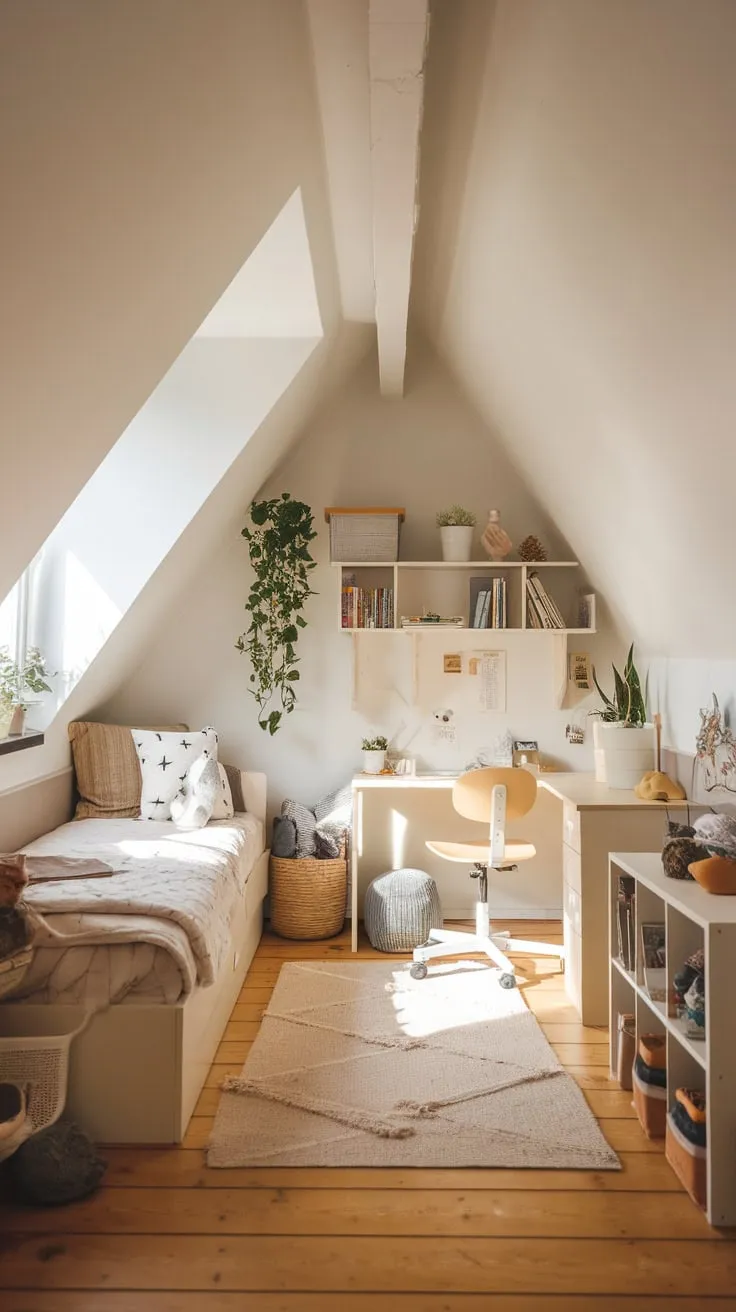 Imagine escaping to this beautiful attic bedroom, where the clean lines of simplicity meet the cozy embrace of warmth. Here, your imagination takes flight in an inviting space, fueled by the playful decor and thoughtfully arranged furniture that whispers stories of endless possibilities.