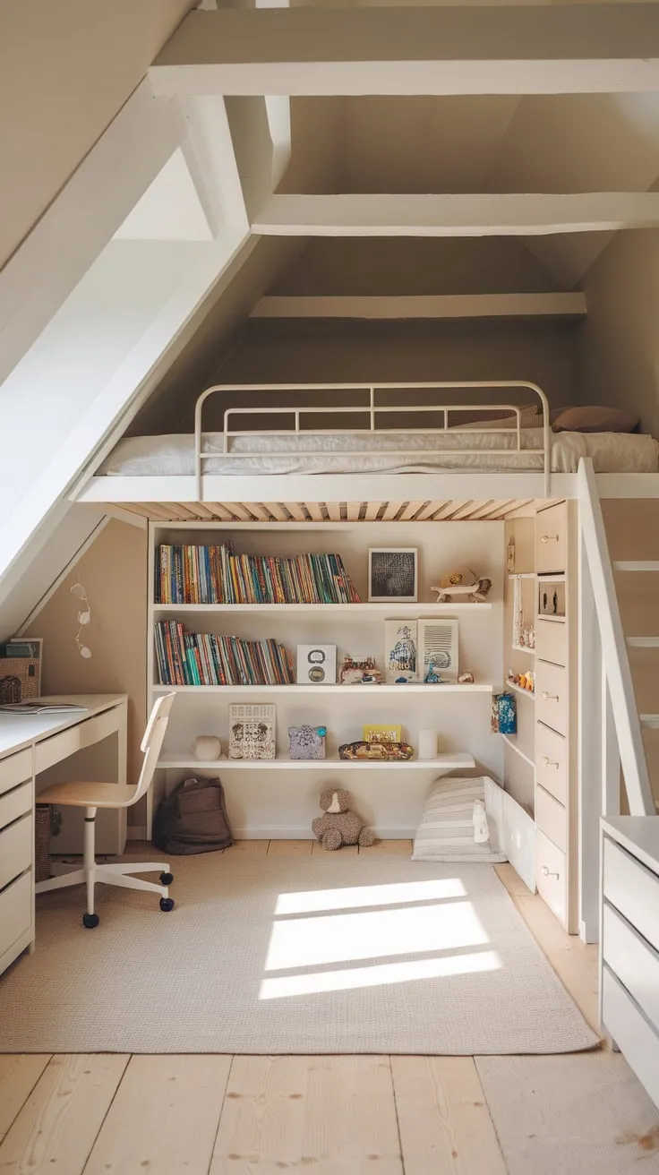 Step into your child's dream attic bedroom, a haven where comfort and clever organization intertwine, sparking imagination and offering a tranquil escape just for them.