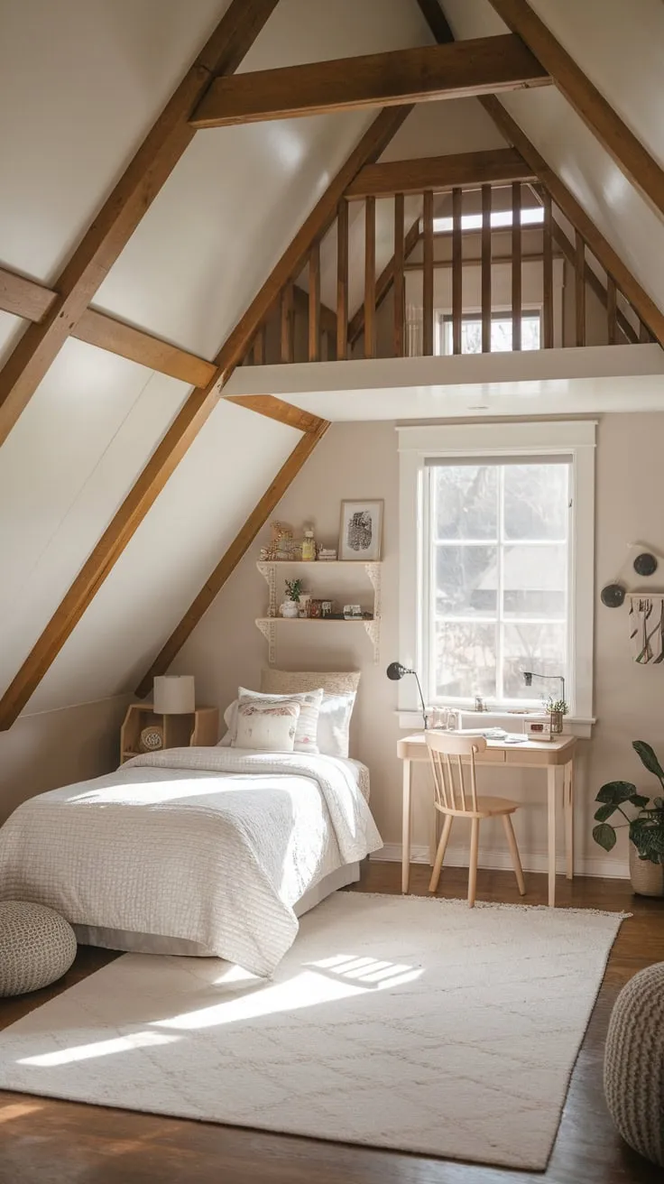Step into your child's dream attic bedroom, a haven where cozy design dances with clever functionality, transforming the space into a perfect retreat for sparking imagination and peaceful slumber.