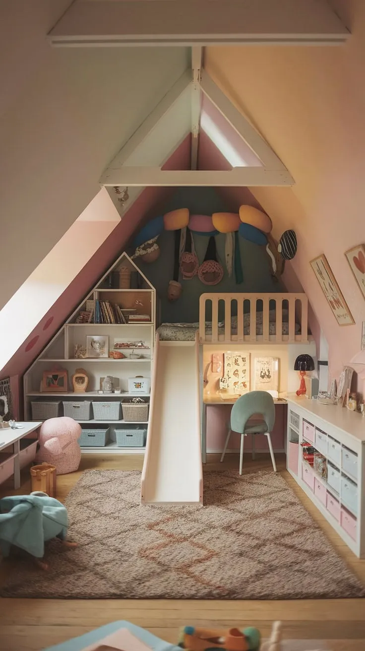 Transforming attic space into a fun attic bedroom is easier than you think! This kids room in attic boasts a cozy attic bedroom design for kids, complete with a loft bed, slide, and built-in desk – the ultimate attic playroom.  This attic bedroom furniture for kids is perfectly complemented by the soft pastel walls and plush rug, creating a truly playful attic bedroom.  Get inspired by these creative attic bedroom ideas and attic bedroom decor for children to design your own dream attic bedroom for kids.  Clever attic storage solutions ensure this kids attic room remains organized and clutter-free.
