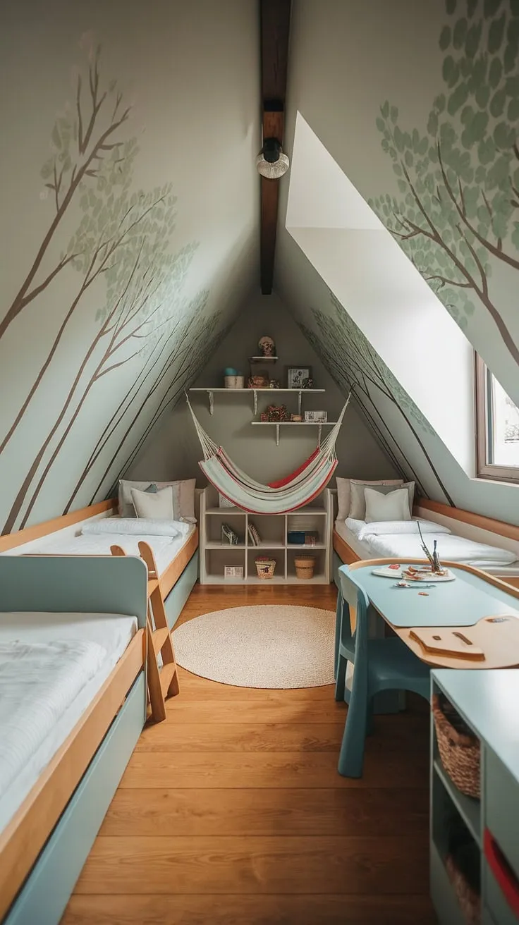 This cozy attic bedroom for kids is the ultimate playroom and sleep haven!  The clever attic bedroom design for kids maximizes space with bunk beds nestled under the sloping roof, a built-in desk, and creative attic bedroom ideas like a hammock and tree mural.  Perfect attic storage solutions for kids are integrated, making this children's attic bedroom both fun and functional.  This kids attic room showcases attic bedroom furniture for kids and attic bedroom decor for children that's both playful and stylish.  It's the ideal attic space for children, offering a unique and inspiring kids room in attic.