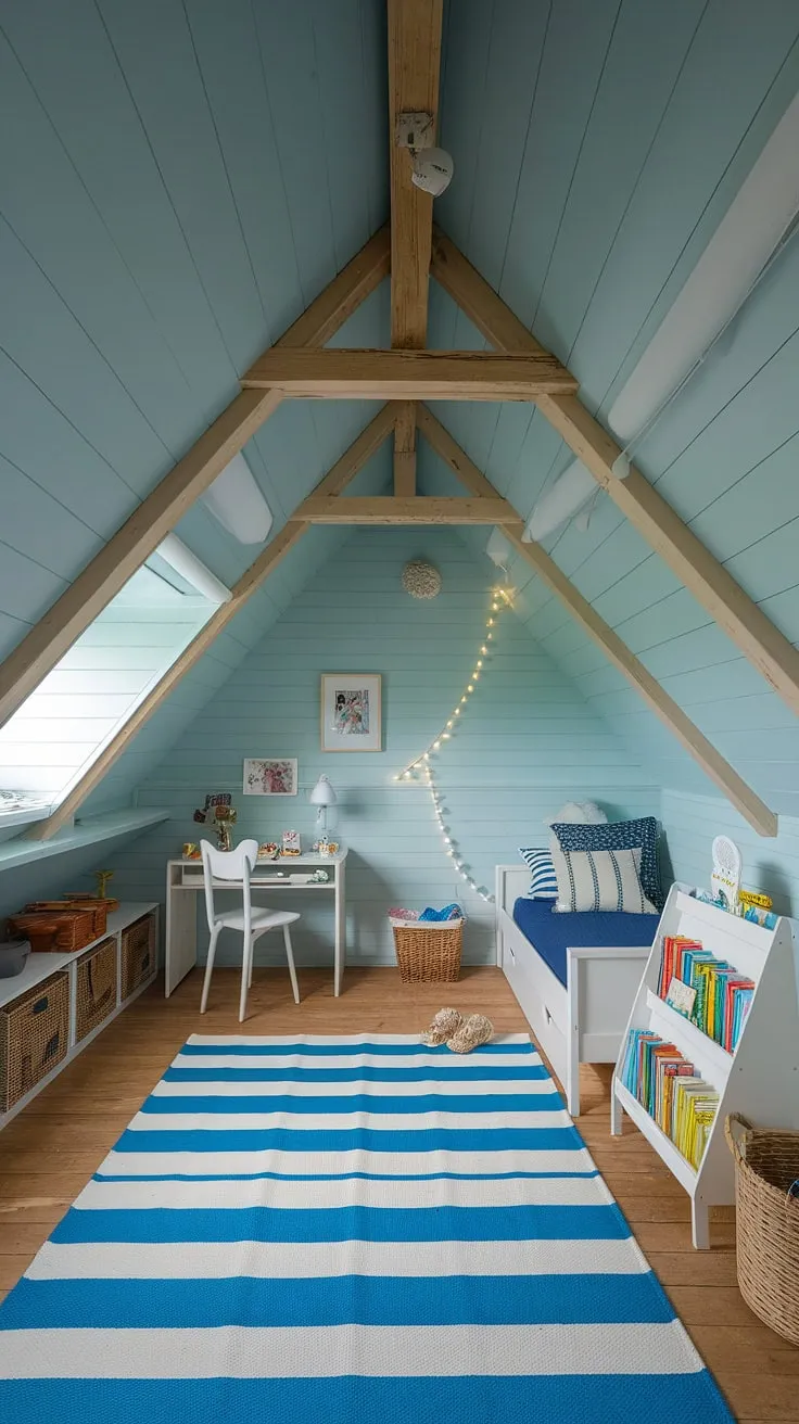 Dreamy and functional, this children's attic bedroom is the perfect example of attic bedroom ideas for kids.  The soft blue walls and wooden beams create a cozy attic bedroom, while the clever attic bedroom decor for children adds a touch of playful whimsy. This kids room in attic is a testament to how attic space for children can be transformed into a fun attic bedroom, complete with smart attic storage solutions for kids and stylish attic bedroom furniture for kids.