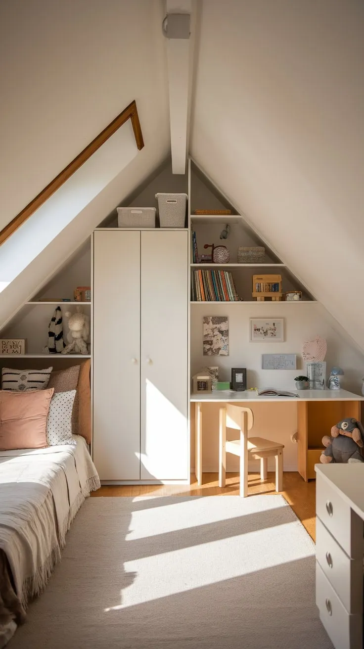 Imagine this: Sunlight streams into your attic bedroom, a beautiful blend of snug relaxation and ingenious storage, crafting a magical realm where dreams take flight and rest rejuvenates.