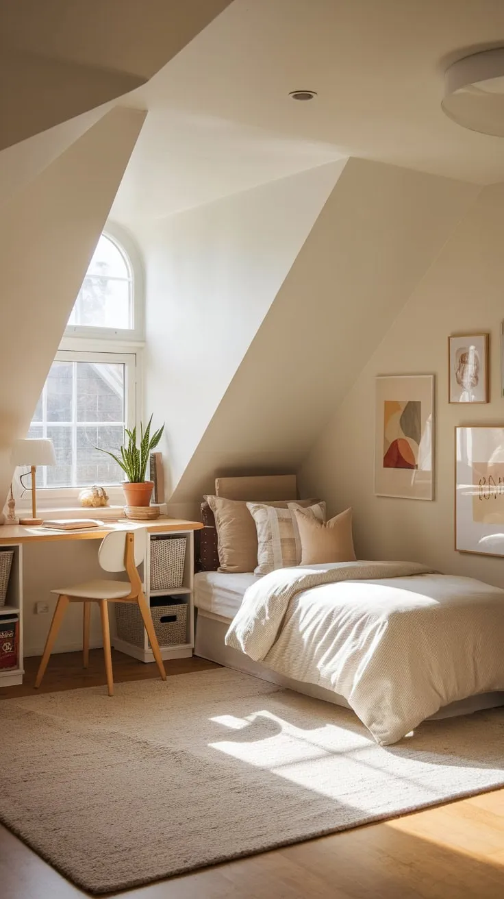 Step into your child's dream attic bedroom, a haven where comfort and style dance together, crafting an inviting space that sparks imagination and whispers of peaceful slumber.