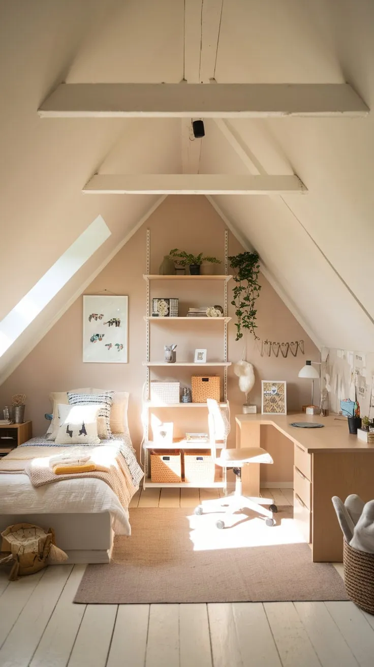This beautifully designed attic bedroom for kids perfectly blends warmth and functionality, creating a delightful space that inspires creativity and comfort.