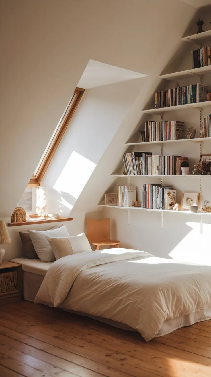 This beautiful attic bedroom for kids perfectly blends comfort and style, creating a delightful retreat filled with books and cozy decor.