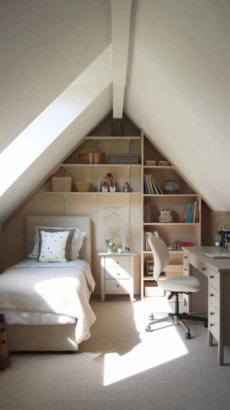 Step into this enchanting attic bedroom, a haven where comfort dances with style, transforming the space into a whimsical retreat designed to ignite your imagination and cradle you in peaceful slumber.