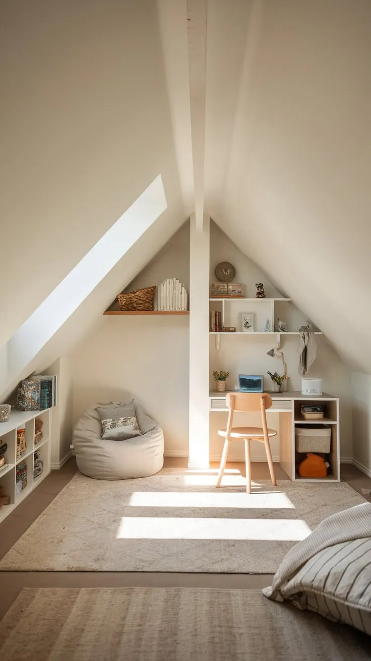This beautiful attic bedroom for kids perfectly blends comfort and organization, creating an inviting space for creativity and relaxation.