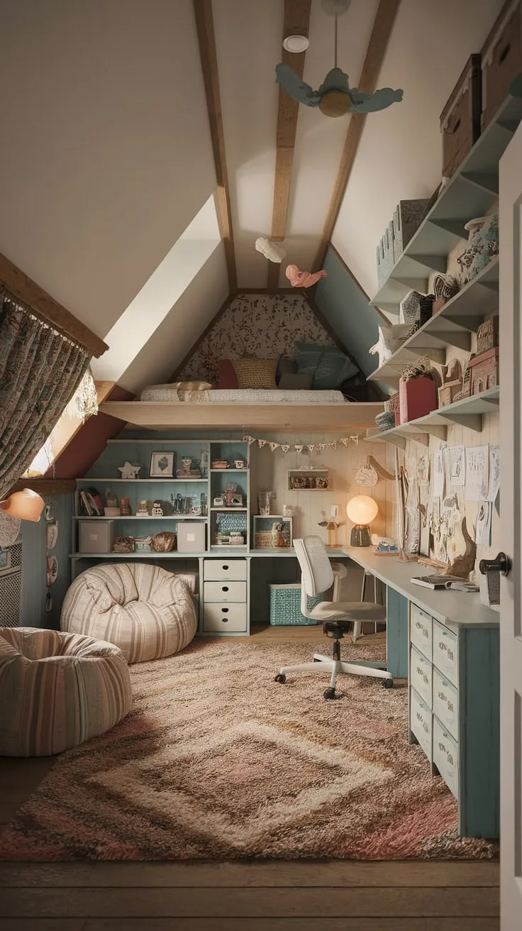 Transforming attic space for children into this playful attic bedroom is a dream come true!  This kids room in attic boasts creative attic bedroom ideas, from the built-in shelves providing attic bedroom furniture for kids to the cozy reading corner.  The attic bedroom decor for children is a delightful mix of vintage charm and modern functionality, making it the perfect fun attic bedroom and an inspiring example of attic bedroom ideas for kids.  This kids attic room is a testament to how to design a stunning and practical attic playroom.