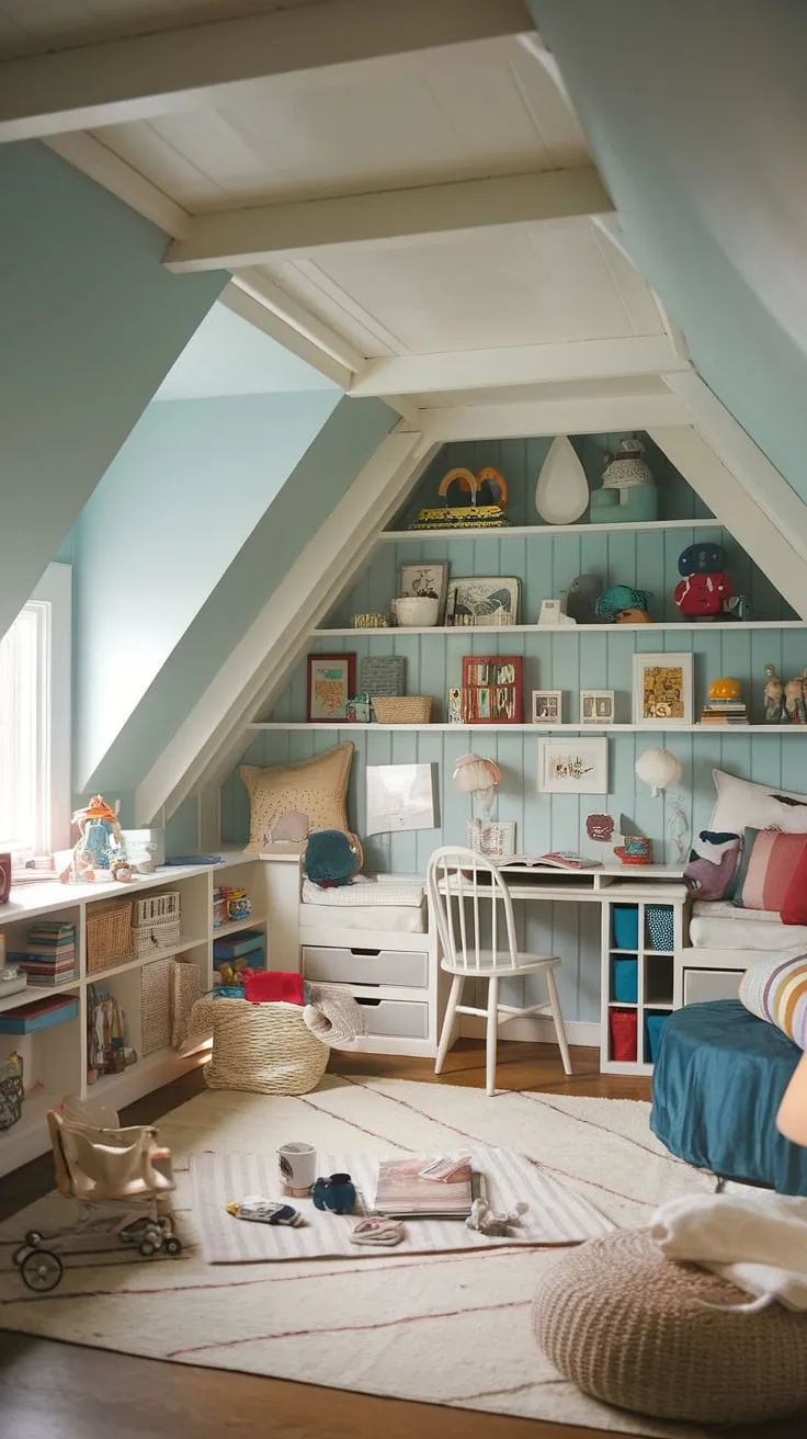 Transforming an attic space into a fun attic bedroom is easier than you think! This kids room in attic boasts playful attic bedroom decor for children, clever attic bedroom furniture for kids, and brilliant attic storage solutions for kids.  The result? A cozy attic bedroom and the perfect attic playroom, showcasing creative attic bedroom ideas for a truly unique and delightful kids attic room.