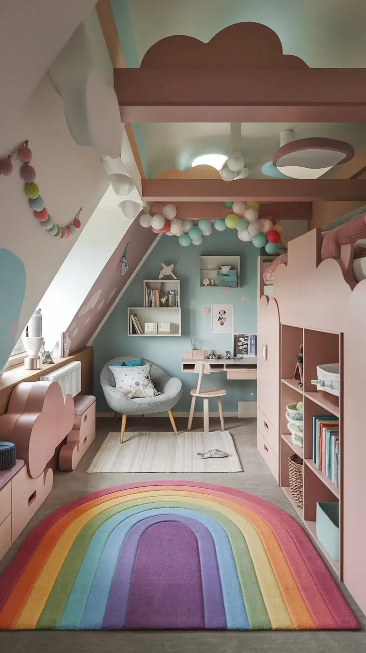 Transforming an attic space into a kids room in attic is easier than you think! This playful attic bedroom boasts clever attic storage solutions for kids, a loft bed with built-in storage, and a rainbow rug that sets the tone for this fun attic bedroom.  The result? A cozy attic bedroom, perfect for imaginative play and quiet reading.  This attic bedroom for kids is brimming with creative attic bedroom ideas, offering inspiration for attic bedroom furniture for kids and attic bedroom decor for children.  A perfect example of attic bedroom ideas for kids, this space proves that even a small children's attic bedroom can be a magical haven.