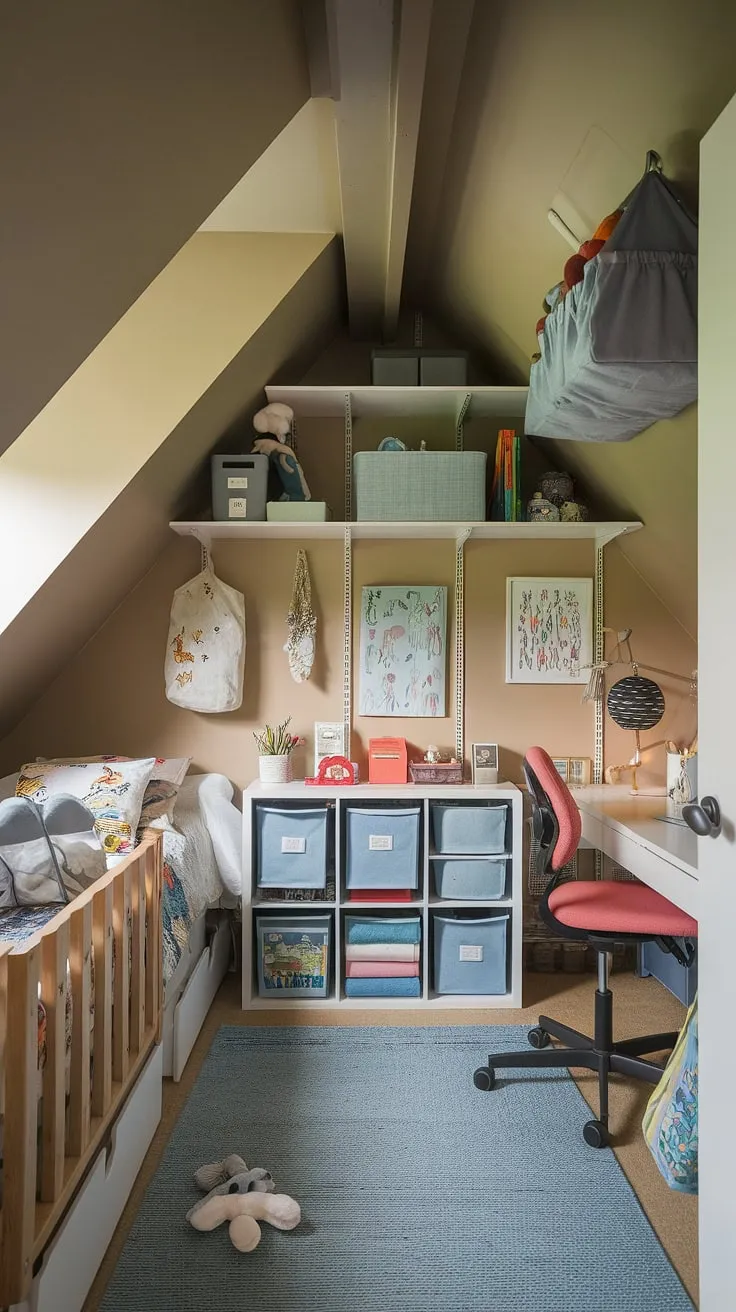 Transforming an attic space into a children's attic bedroom doesn't have to be daunting. This playful attic bedroom showcases ingenious attic storage solutions for kids, maximizing every inch of this kids attic room.  The result is a cozy attic bedroom, brimming with fun and personality.  This attic bedroom design for kids offers inspiration for creative attic bedroom ideas, proving that even a challenging space can become a delightful attic playroom.  Consider this a perfect example of attic bedroom ideas for kids and attic bedroom furniture for kids, all while maintaining a charming and functional attic bedroom decor for children.