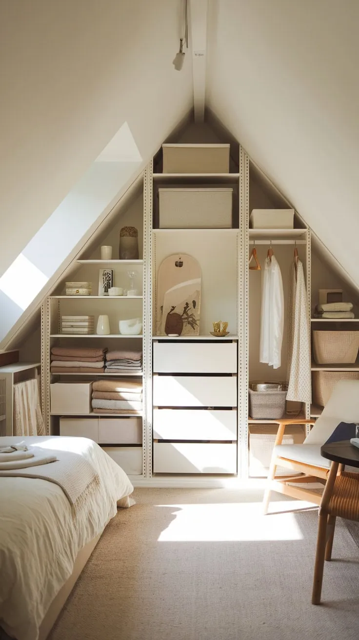 Step into this attic bedroom, a masterclass in organization where ingenious storage solutions transform every nook and cranny, creating a space that feels both expansive and utterly welcoming.