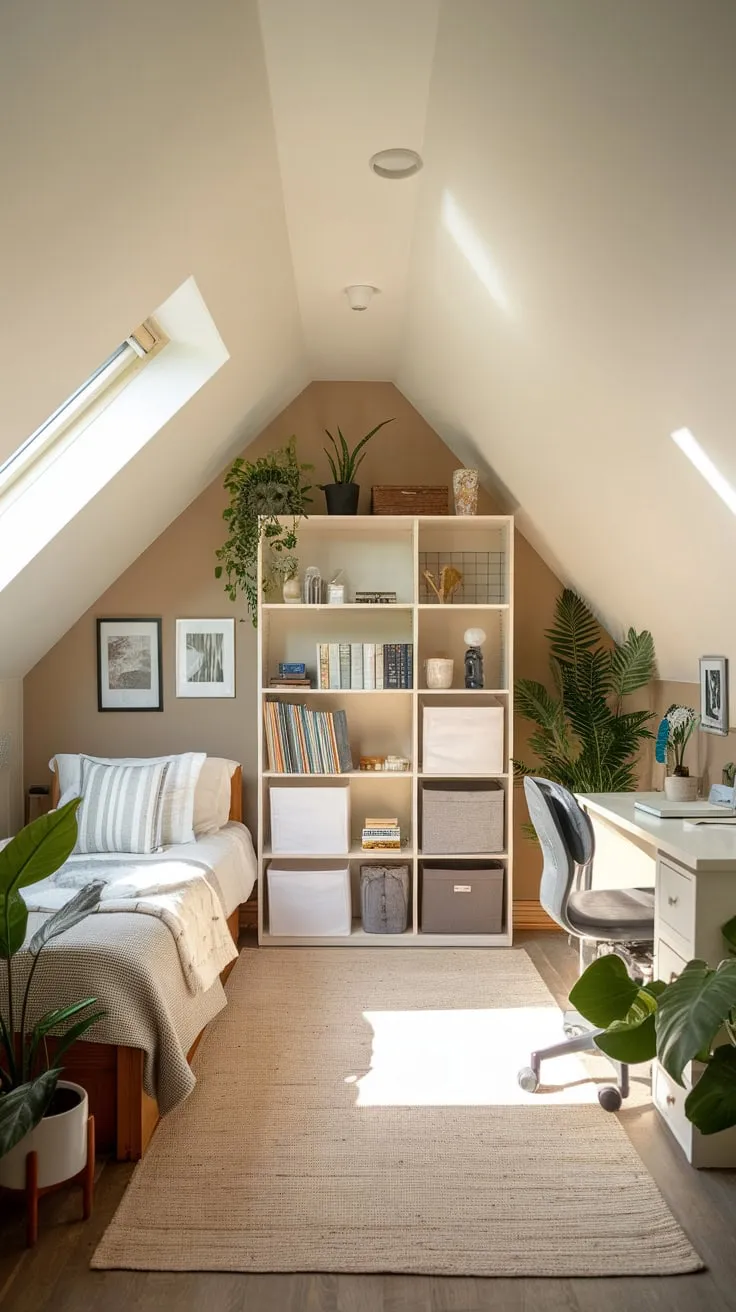 This beautifully designed attic bedroom seamlessly combines comfort and style, showcasing clever attic bedroom storage solutions that maximize space while maintaining a warm, inviting atmosphere.
