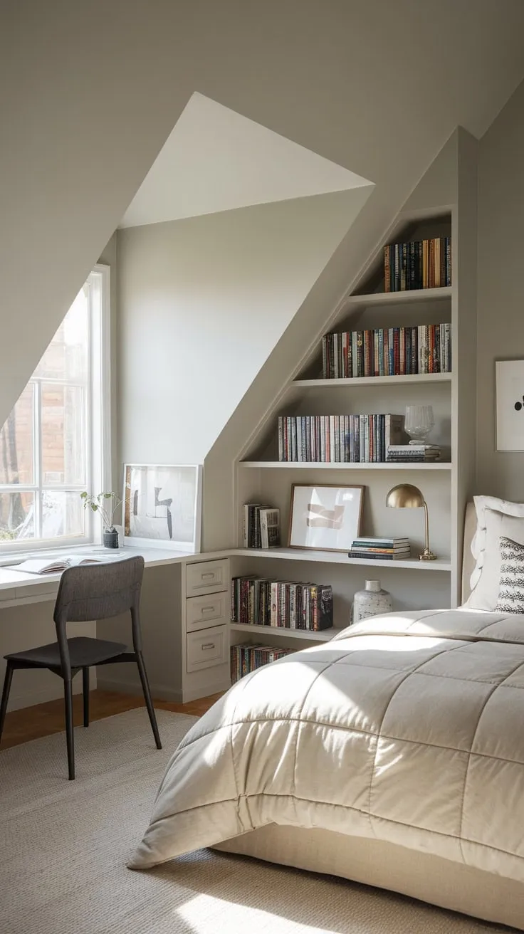 Imagine escaping to your attic bedroom, a beautifully designed sanctuary where a soothing neutral color scheme dances with clever storage, crafting a tranquil and organized escape, perfectly poised for both relaxation and inspired creation.