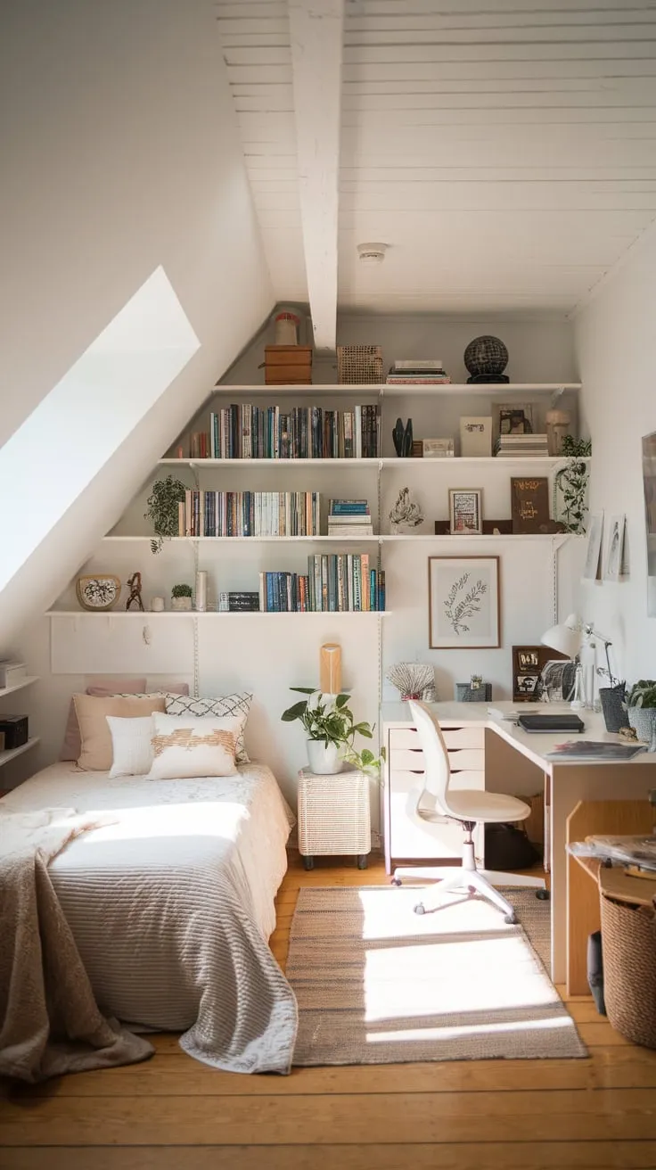 Ascend the stairs and discover your attic bedroom, a haven where ingenious storage melts seamlessly into the soothing ambiance, offering you a retreat that is both beautifully functional and utterly serene.