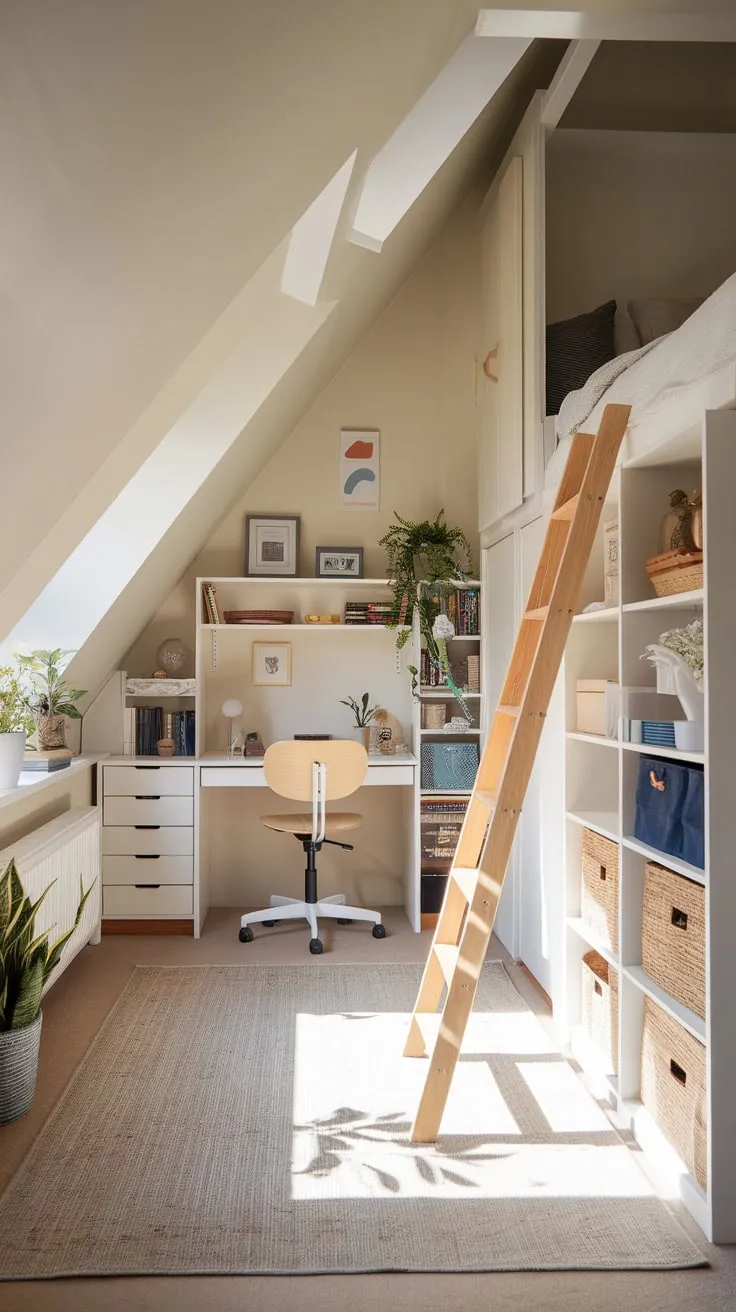 Ascend the stairs and discover a haven in your attic bedroom, where comfort dances with clever design. Every nook and cranny sings with space-saving solutions, transforming the angled walls into a sanctuary of serene functionality.