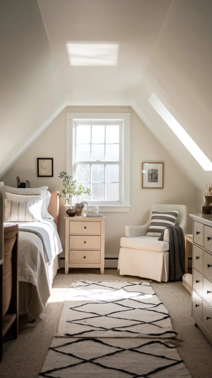 Step into your attic sanctuary, a masterclass in serene design where neutral shades dance with clever storage solutions, crafting a retreat that is both peaceful and perfectly uncluttered.