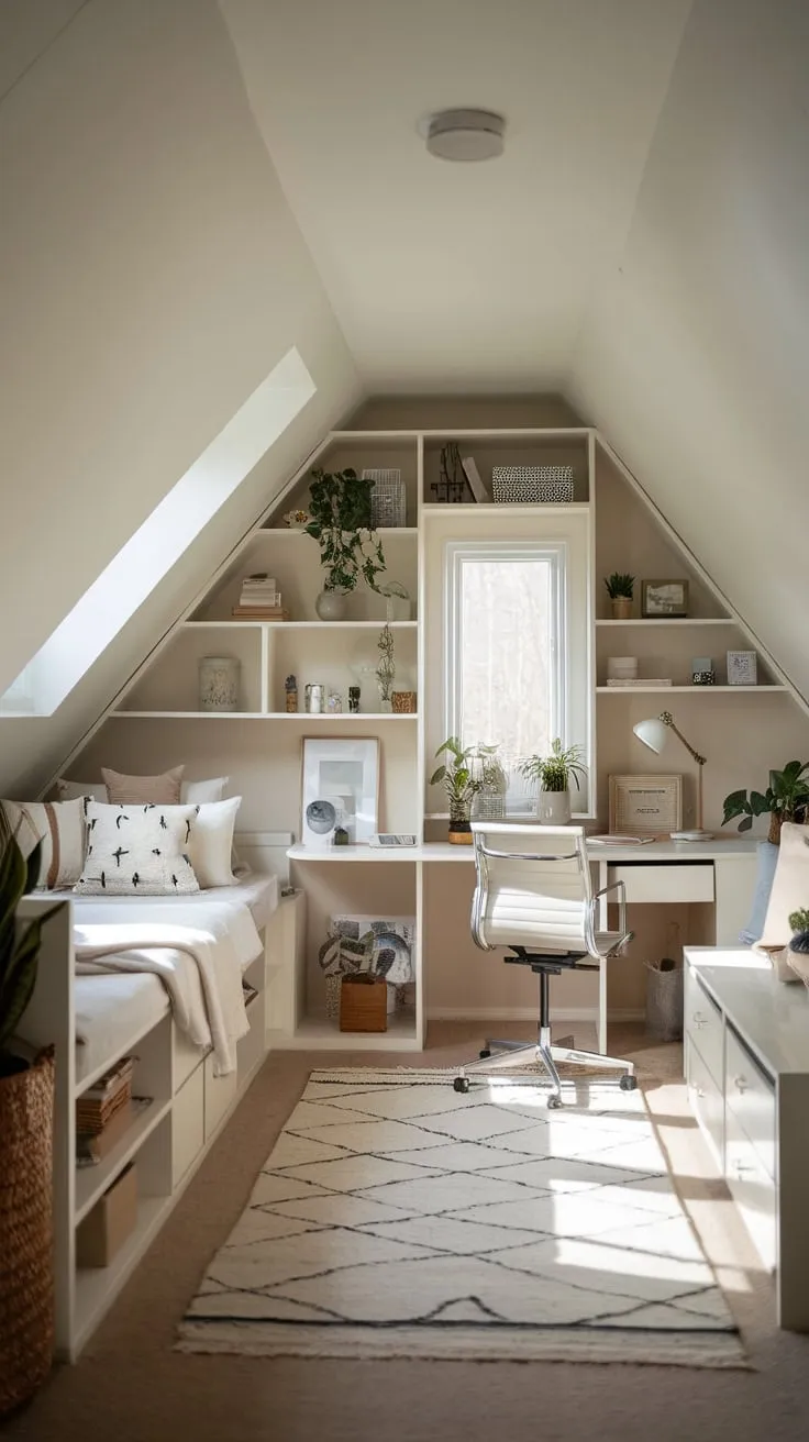 You step into an attic bedroom where every inch sings with purpose, a symphony of clever storage transforming the potentially cramped space into a haven of warmth and welcome.
