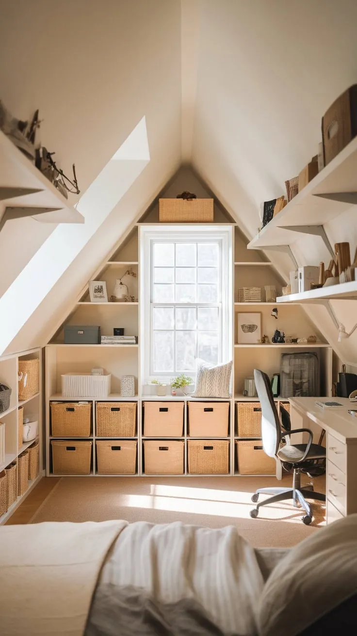Ascend the stairs and discover your attic bedroom, a haven where the gentle slope of the roof embraces you, the warmth of carefully curated textiles invites you to unwind, and the ingenious organization allows your mind to breathe, sparking creativity and offering a true escape.