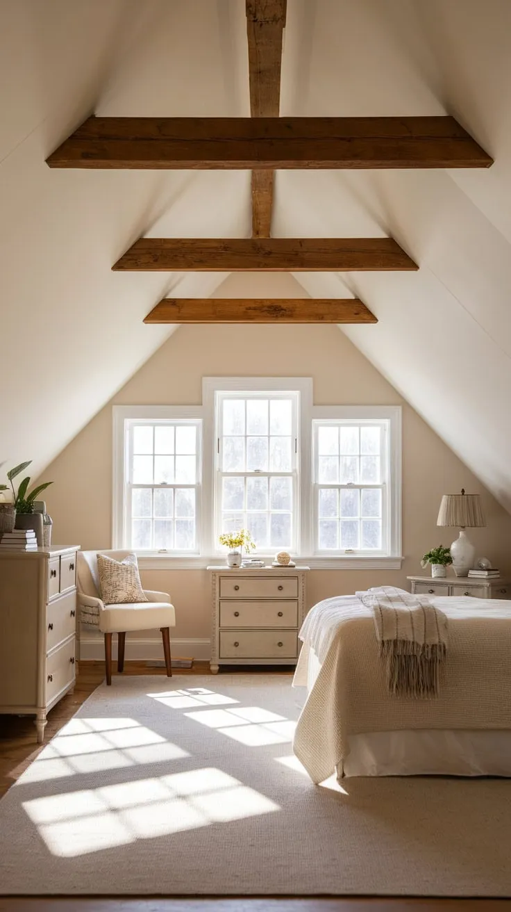 Step into your attic bedroom, a haven where a calming neutral palette dances with the rustic charm of exposed wooden beams, crafting a serene escape that cleverly maximizes storage while enveloping you in a warm, inviting embrace.