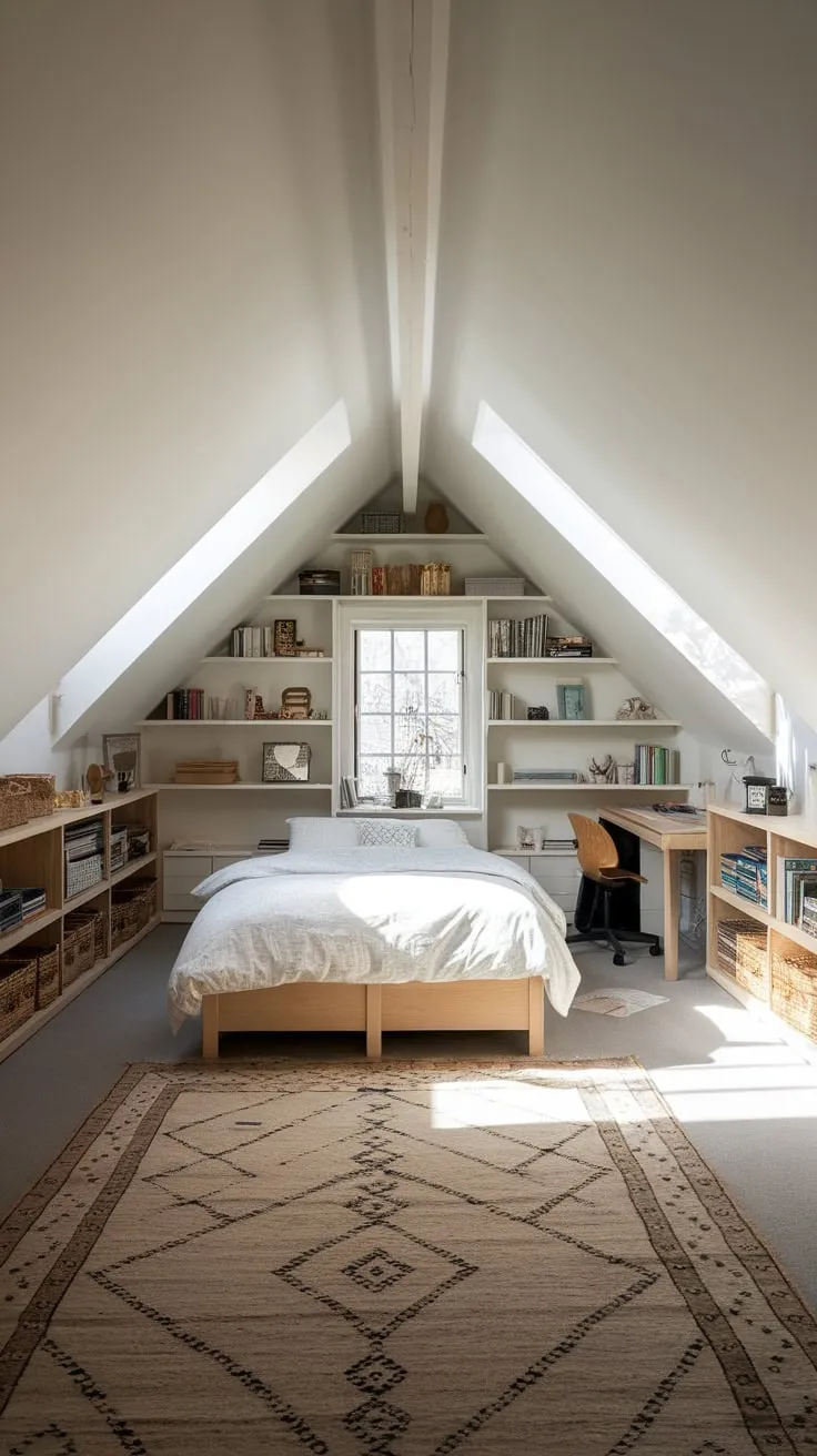 Step into this attic bedroom, a haven where a calming neutral palette meets ingenious storage solutions, transforming the space into a serene sanctuary designed for both relaxation and sparking your creative spirit.